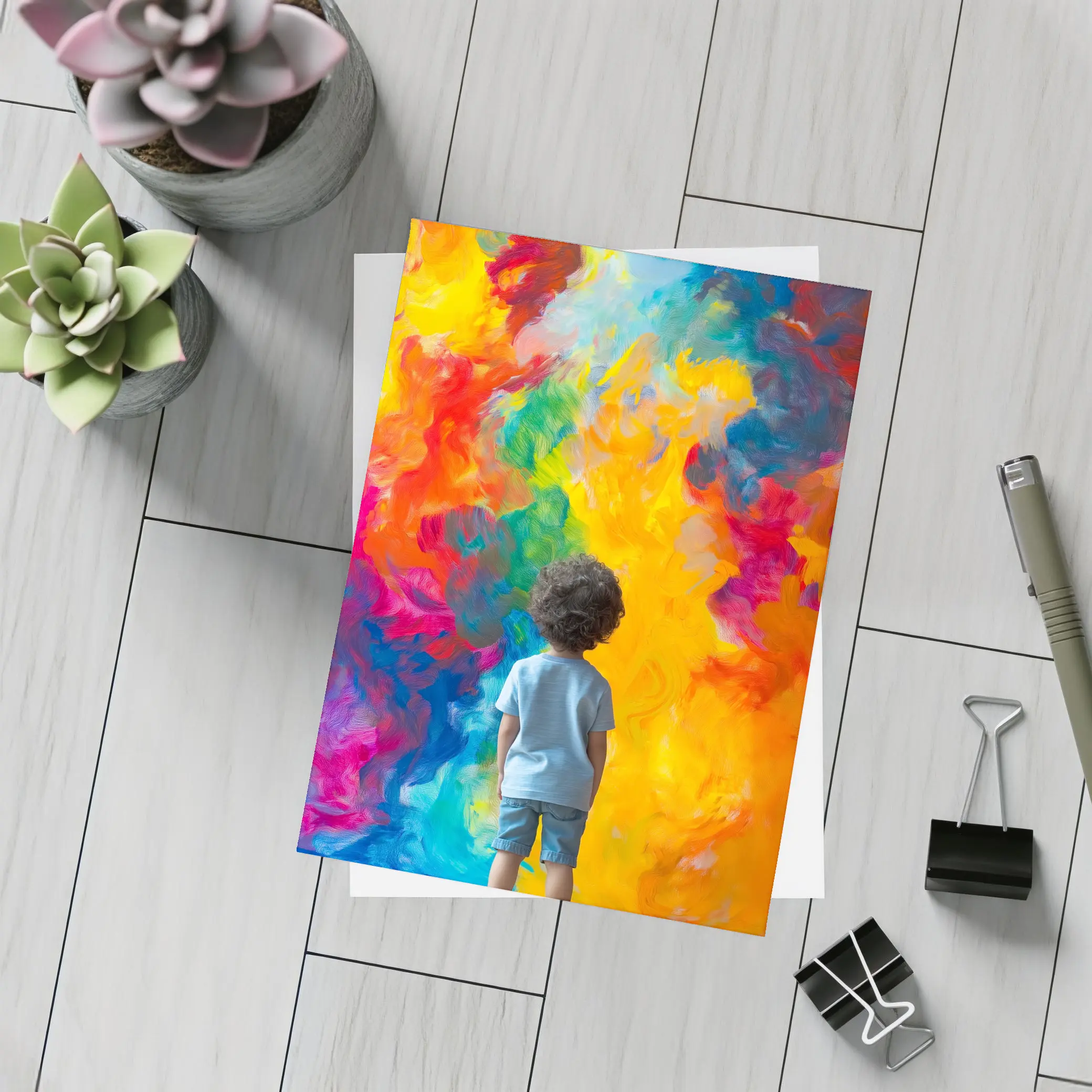Child Standing Before Colorful Abstract Painting – Postcards
