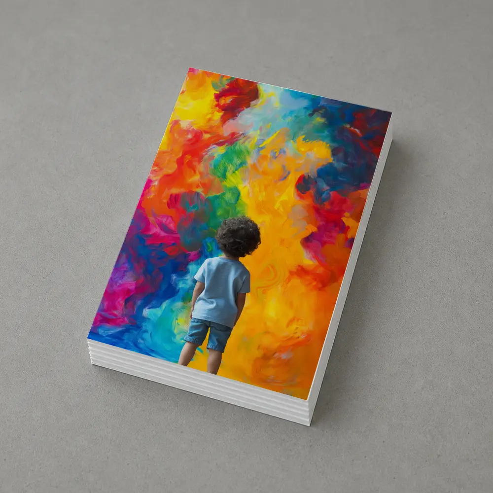 Child Standing Before Colorful Abstract Painting – Postcards