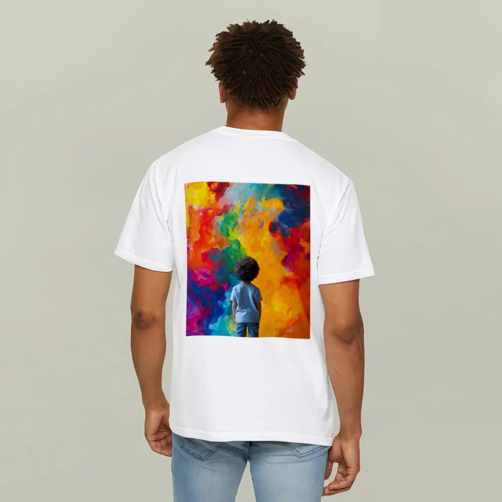 Child Standing Before Colorful Abstract Painting – T-Shirts