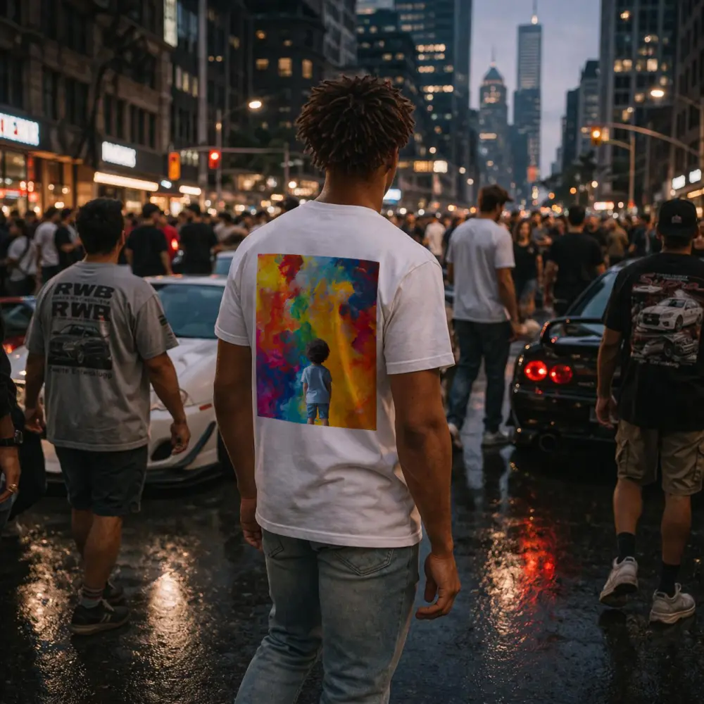 Child Standing Before Colorful Abstract Painting – T-Shirts