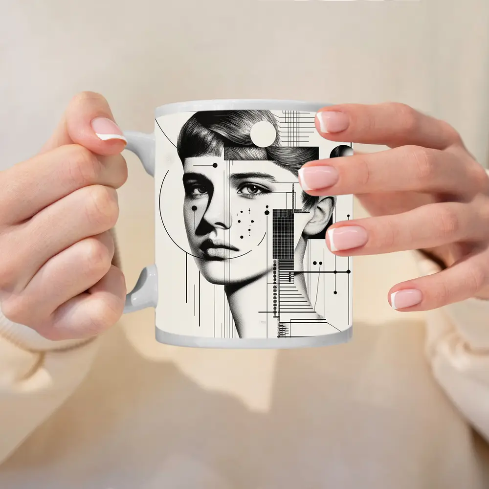 Abstract Woman Face Black White Geometric Art – Mugs