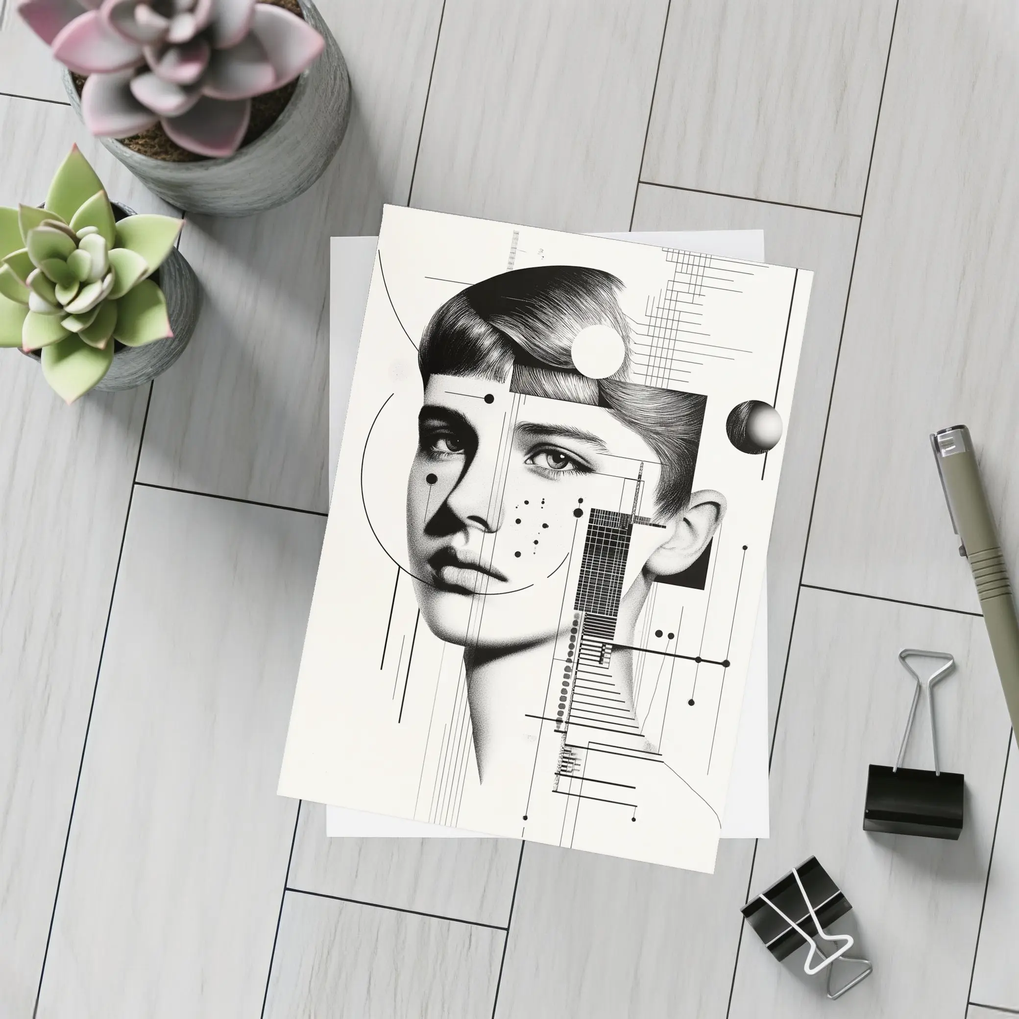 Abstract Woman Face Black White Geometric Art – Postcards
