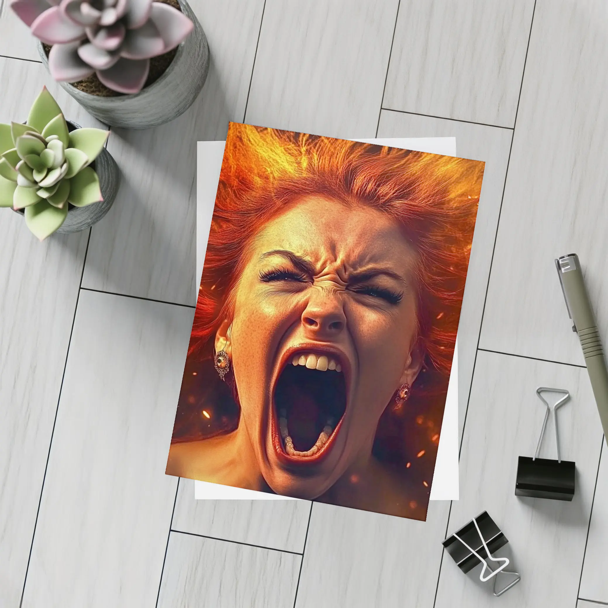 Screaming Woman Red Fire Hair Explosion – Postcards