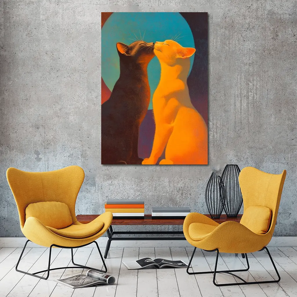 Two Cats Nuzzling Under Blue Moon – Wall Art