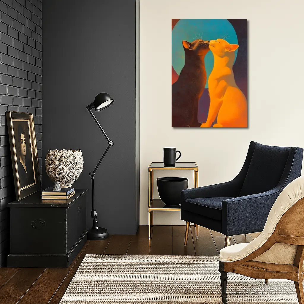 Two Cats Nuzzling Under Blue Moon – Wall Art