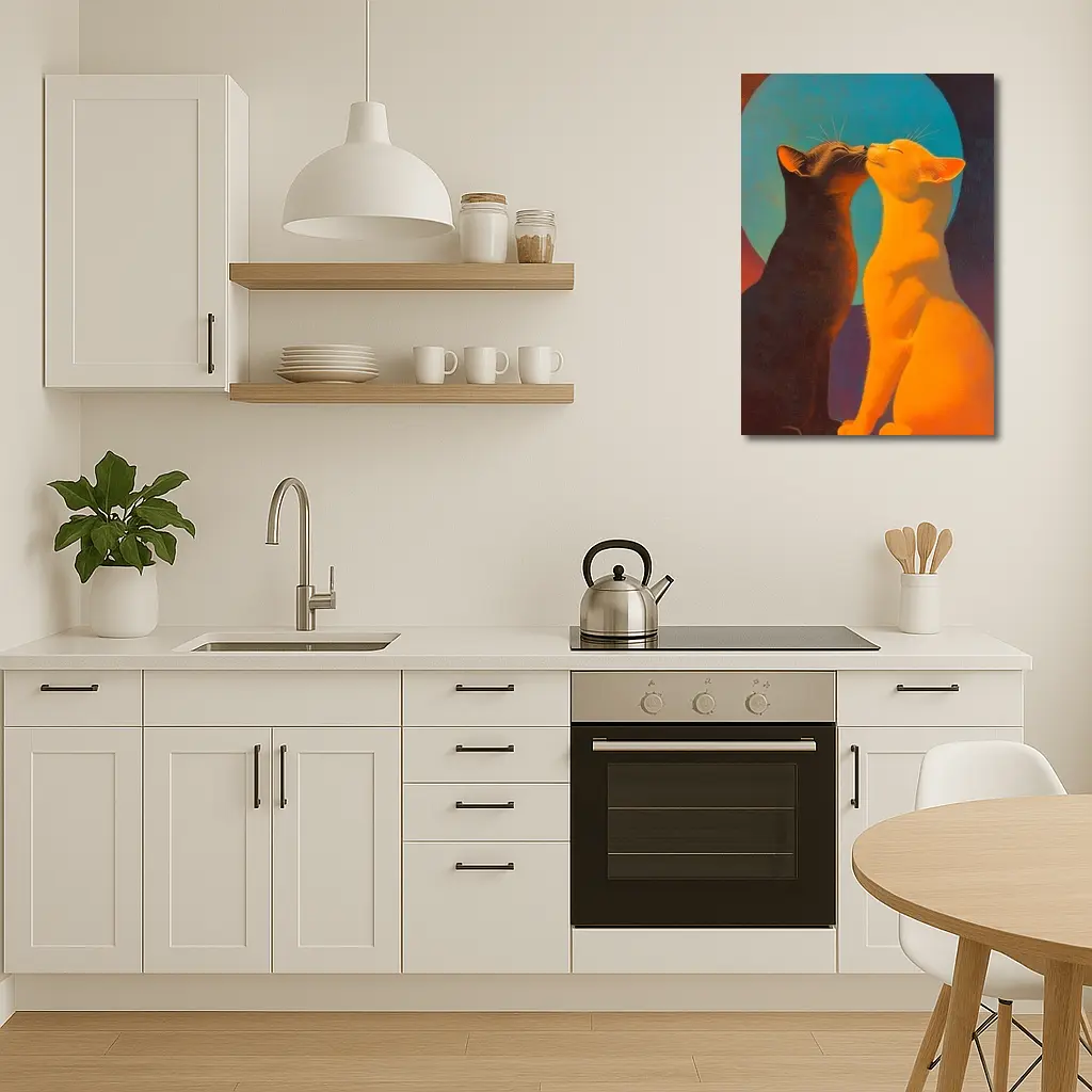 Two Cats Nuzzling Under Blue Moon – Wall Art