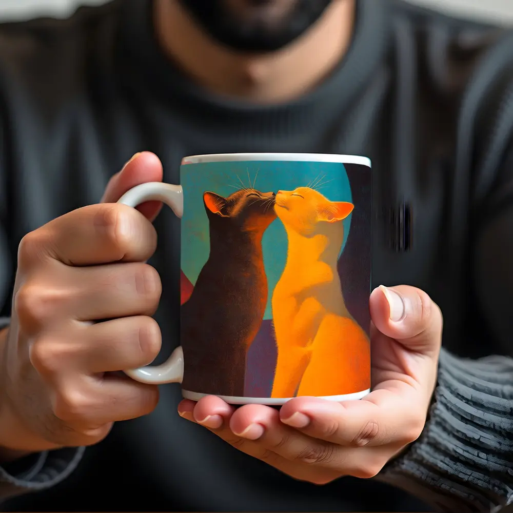 Two Cats Nuzzling Under Blue Moon – Mugs