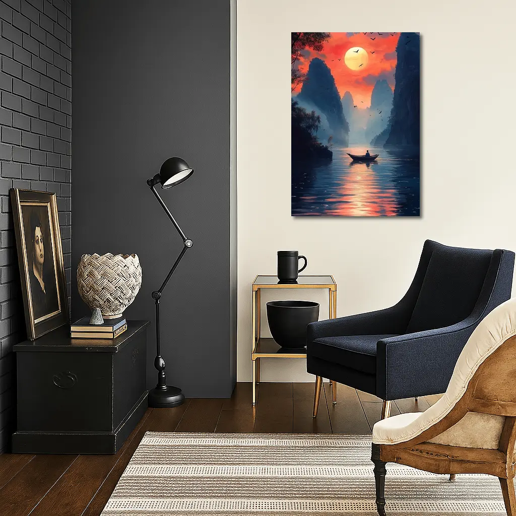 Lone Boat Sunset Karst Mountains River Art – Wall Art
