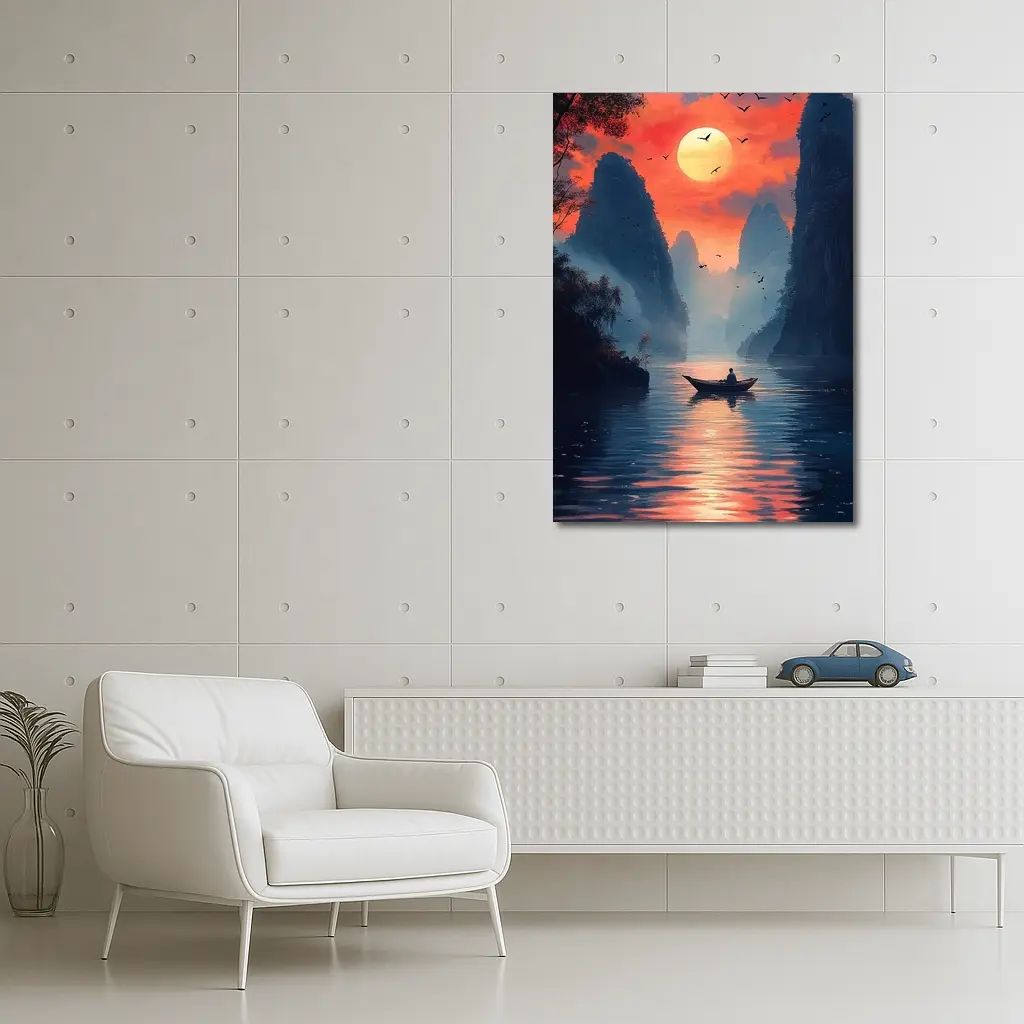 Lone Boat Sunset Karst Mountains River Art – Wall Art