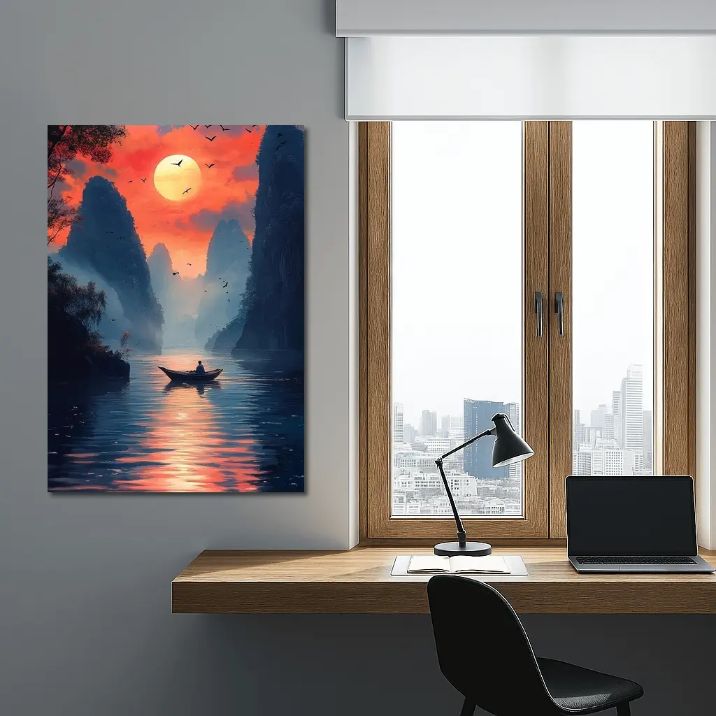 Lone Boat Sunset Karst Mountains River Art – Wall Art