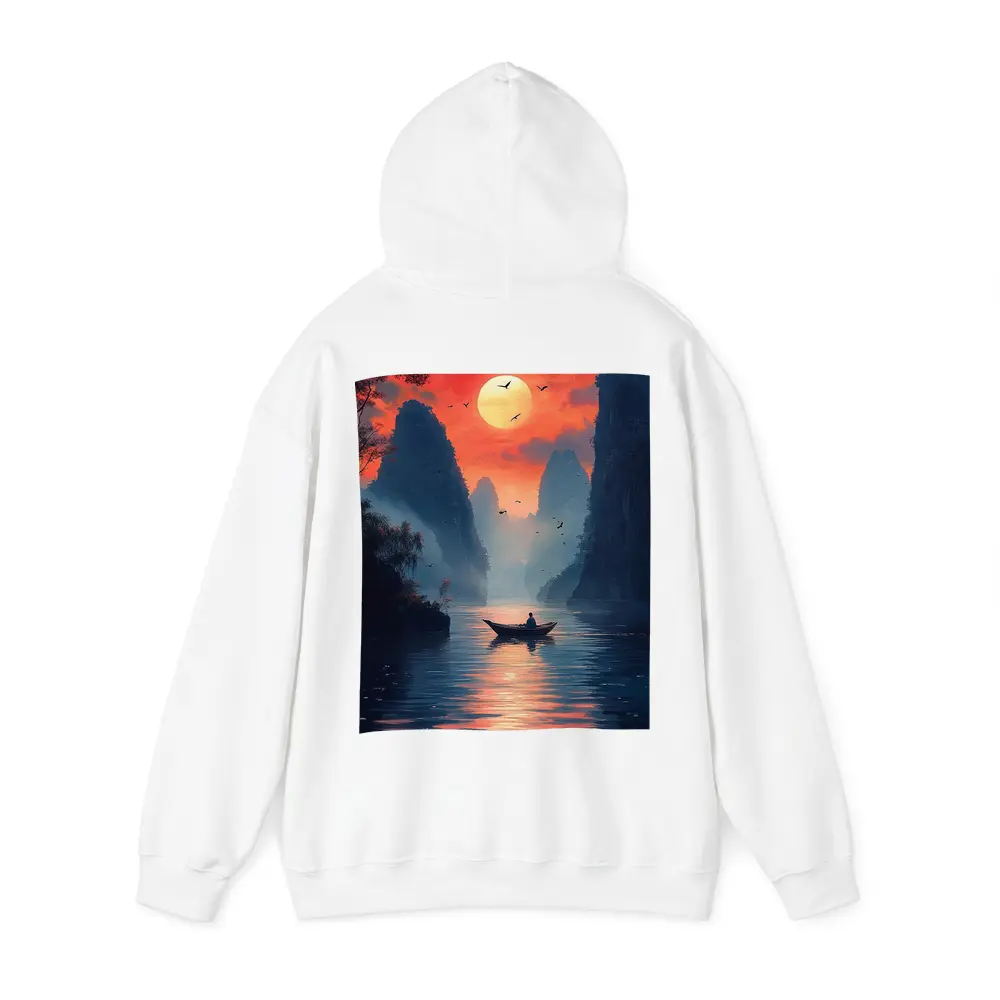 Lone Boat Sunset Karst Mountains River Art – Hoodies