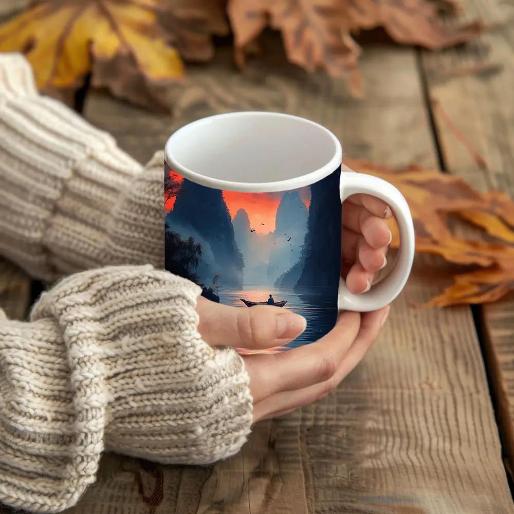 Lone Boat Sunset Karst Mountains River Art – Mugs