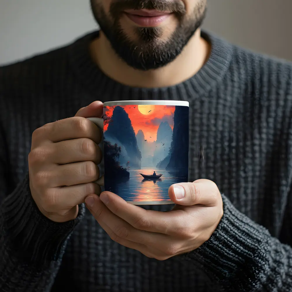 Lone Boat Sunset Karst Mountains River Art – Mugs