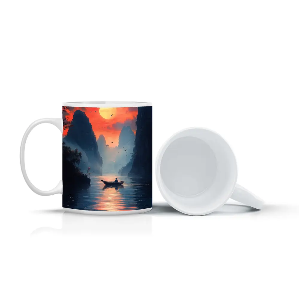 Lone Boat Sunset Karst Mountains River Art – Mugs
