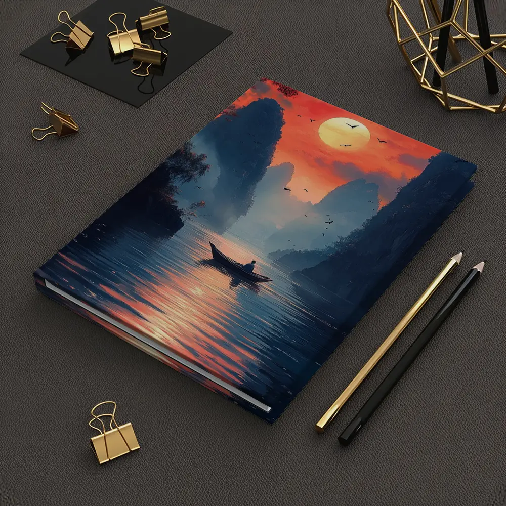 Lone Boat Sunset Karst Mountains River Art – Notebooks