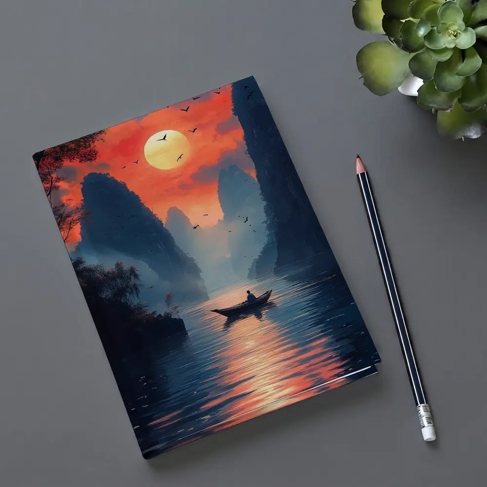 Lone Boat Sunset Karst Mountains River Art – Notebooks