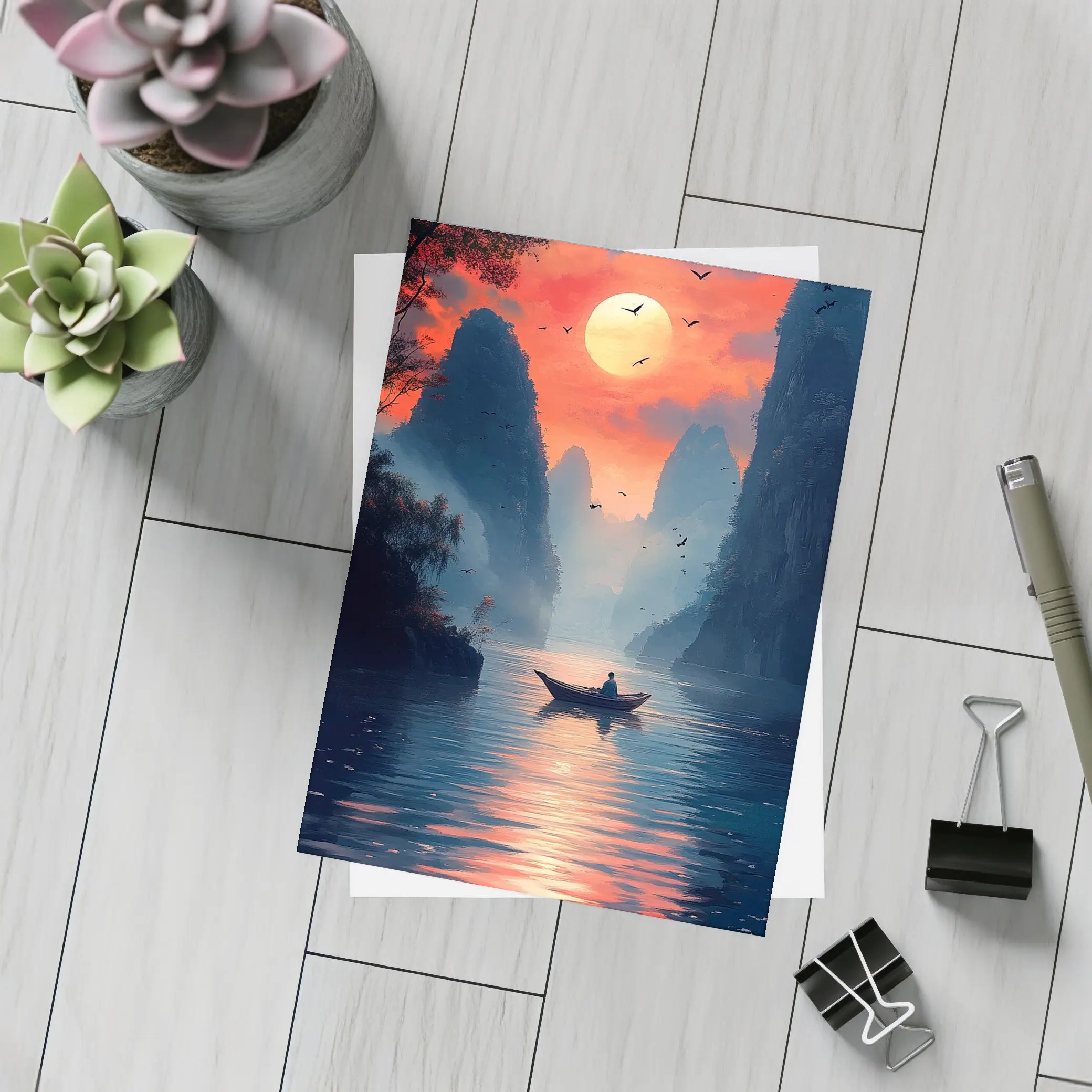 Lone Boat Sunset Karst Mountains River Art – Postcards