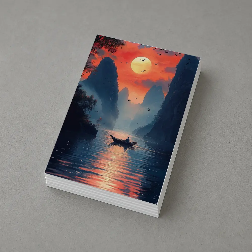 Lone Boat Sunset Karst Mountains River Art – Postcards