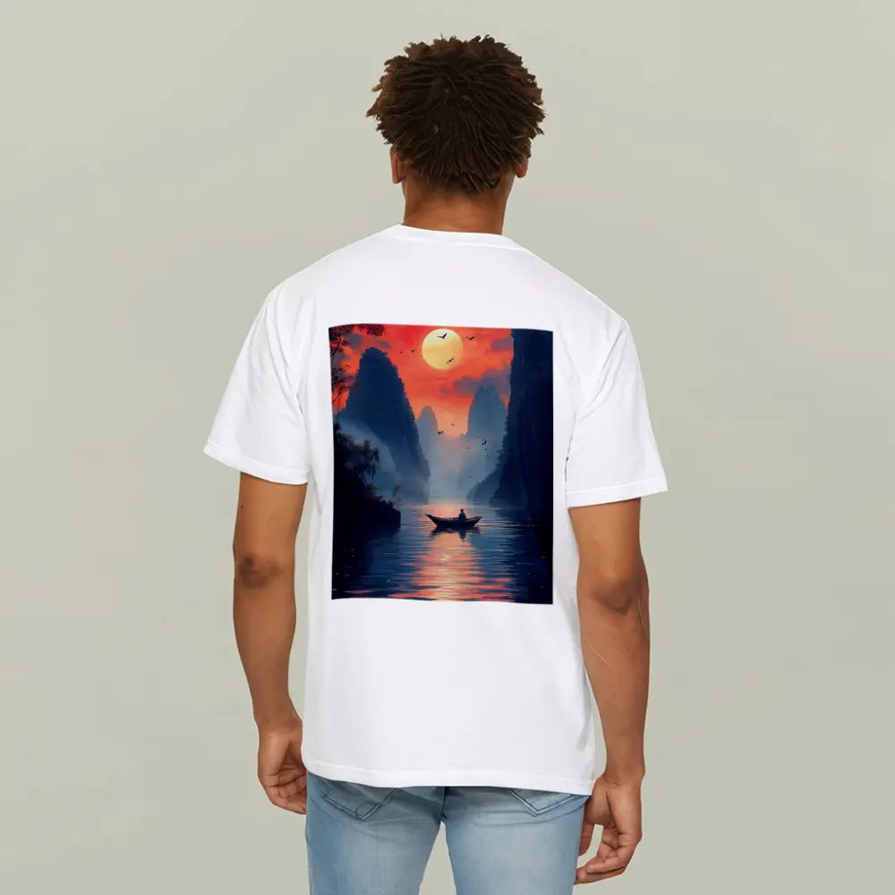Lone Boat Sunset Karst Mountains River Art – T-Shirts