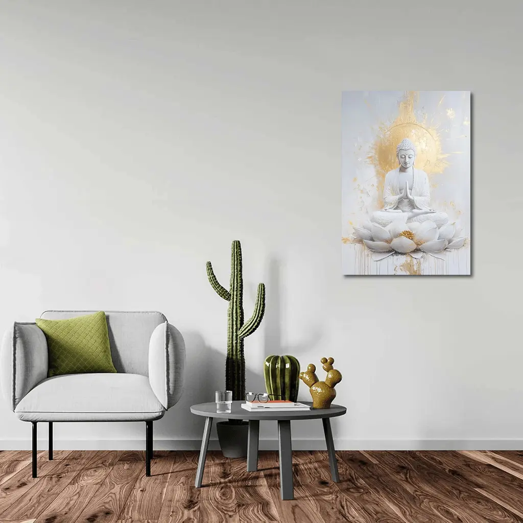 White Gold Buddha Lotus Flower Meditation Art – Wall Art