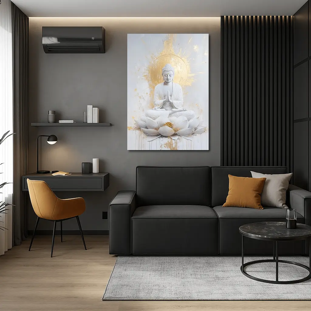 White Gold Buddha Lotus Flower Meditation Art – Wall Art