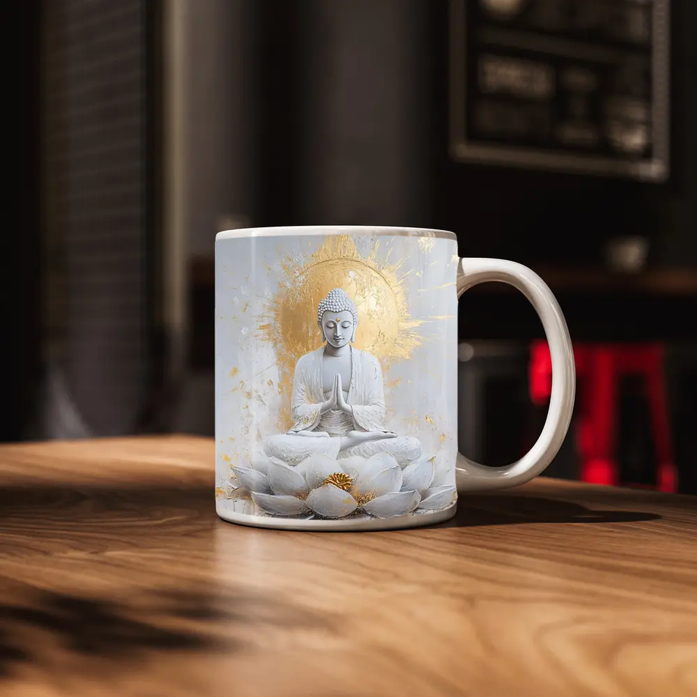 White Gold Buddha Lotus Flower Meditation Art – Mugs