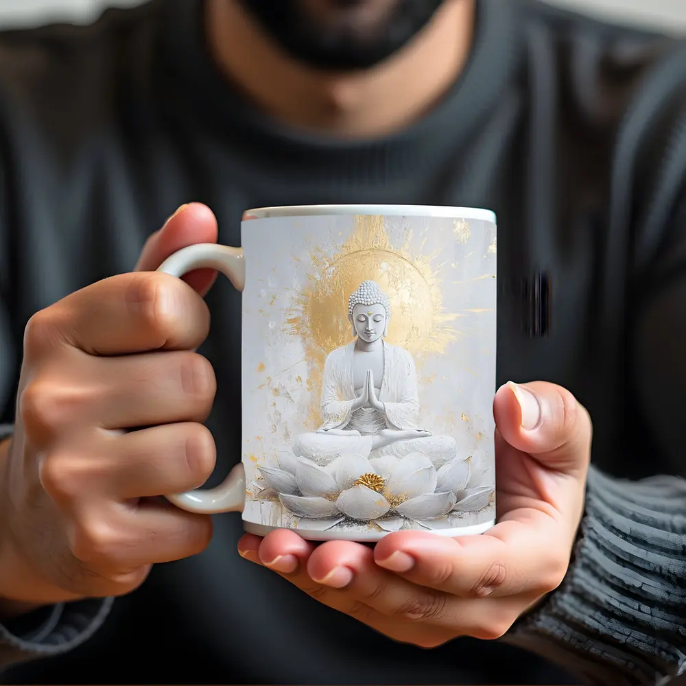 White Gold Buddha Lotus Flower Meditation Art – Mugs