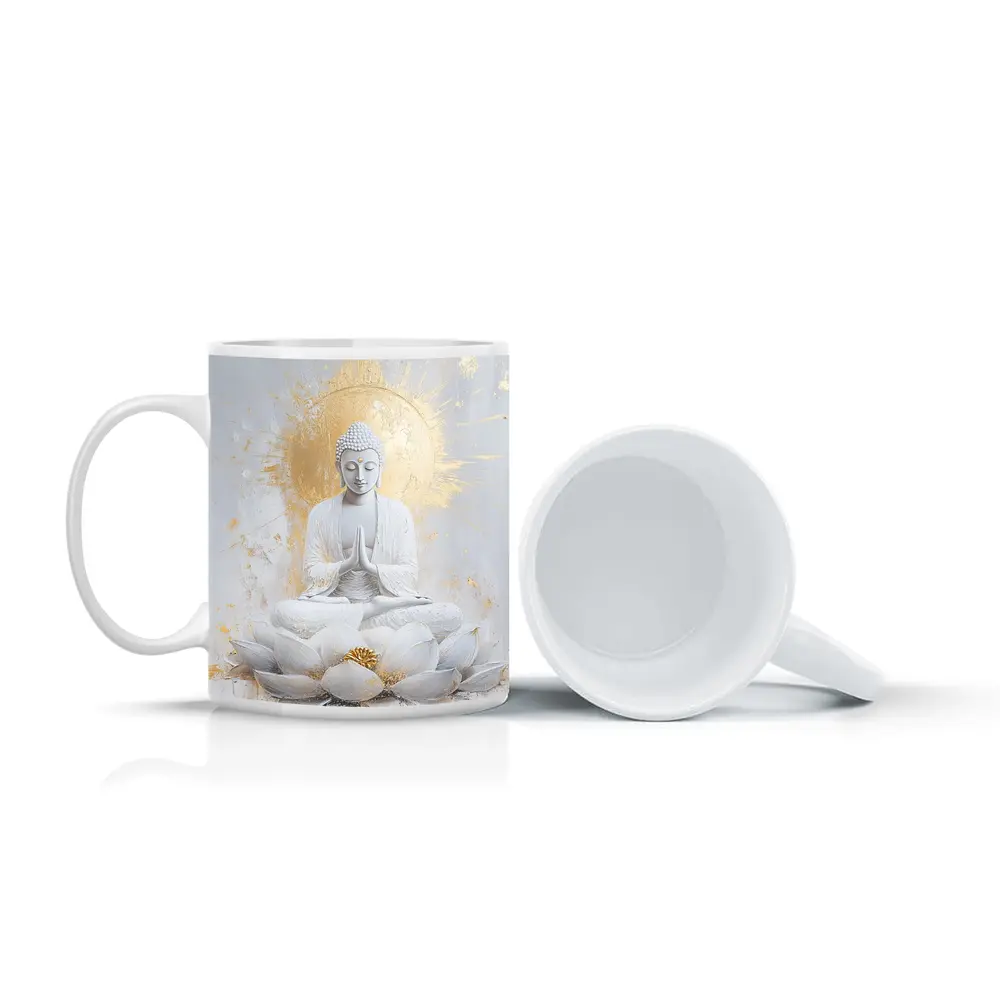 White Gold Buddha Lotus Flower Meditation Art – Mugs