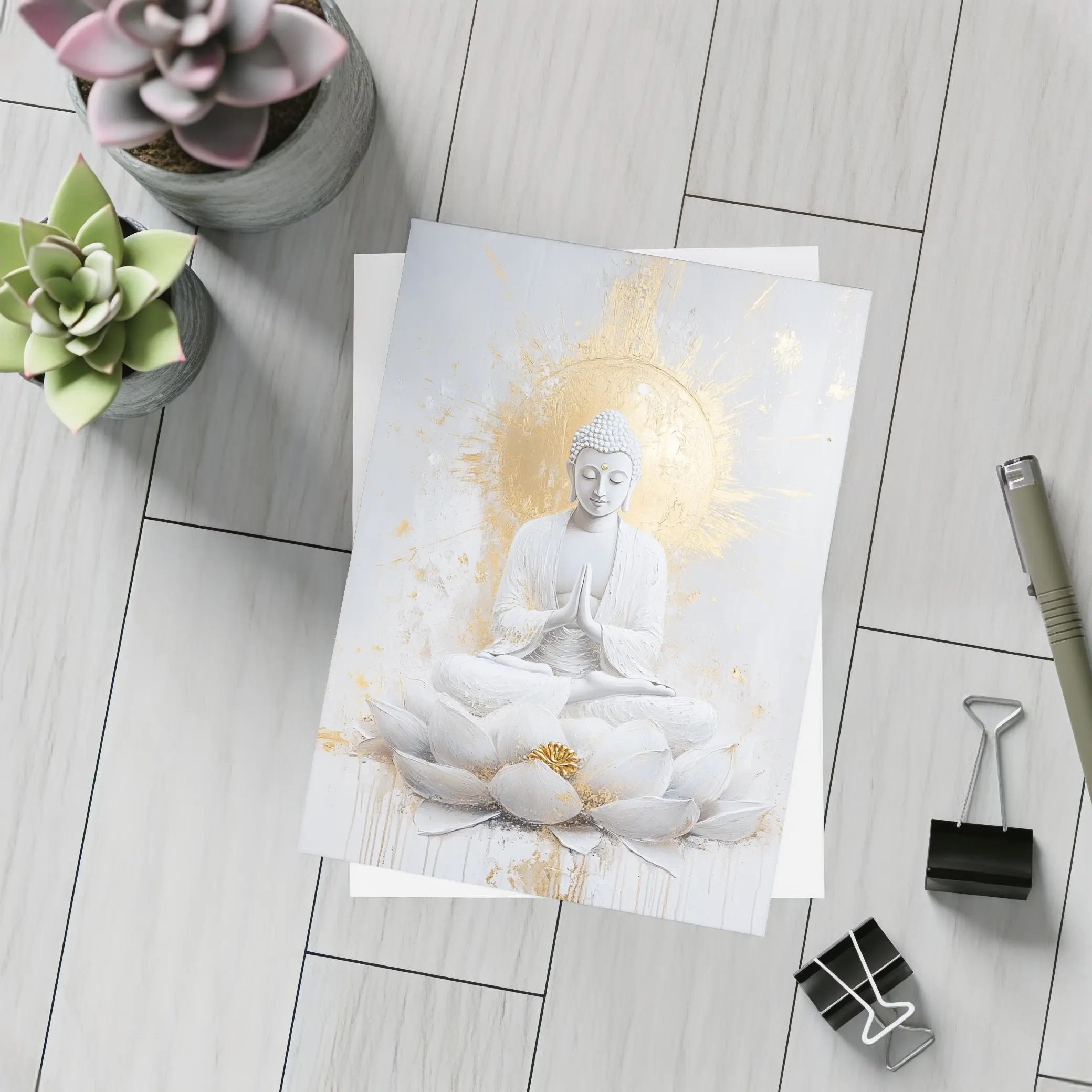 White Gold Buddha Lotus Flower Meditation Art – Postcards