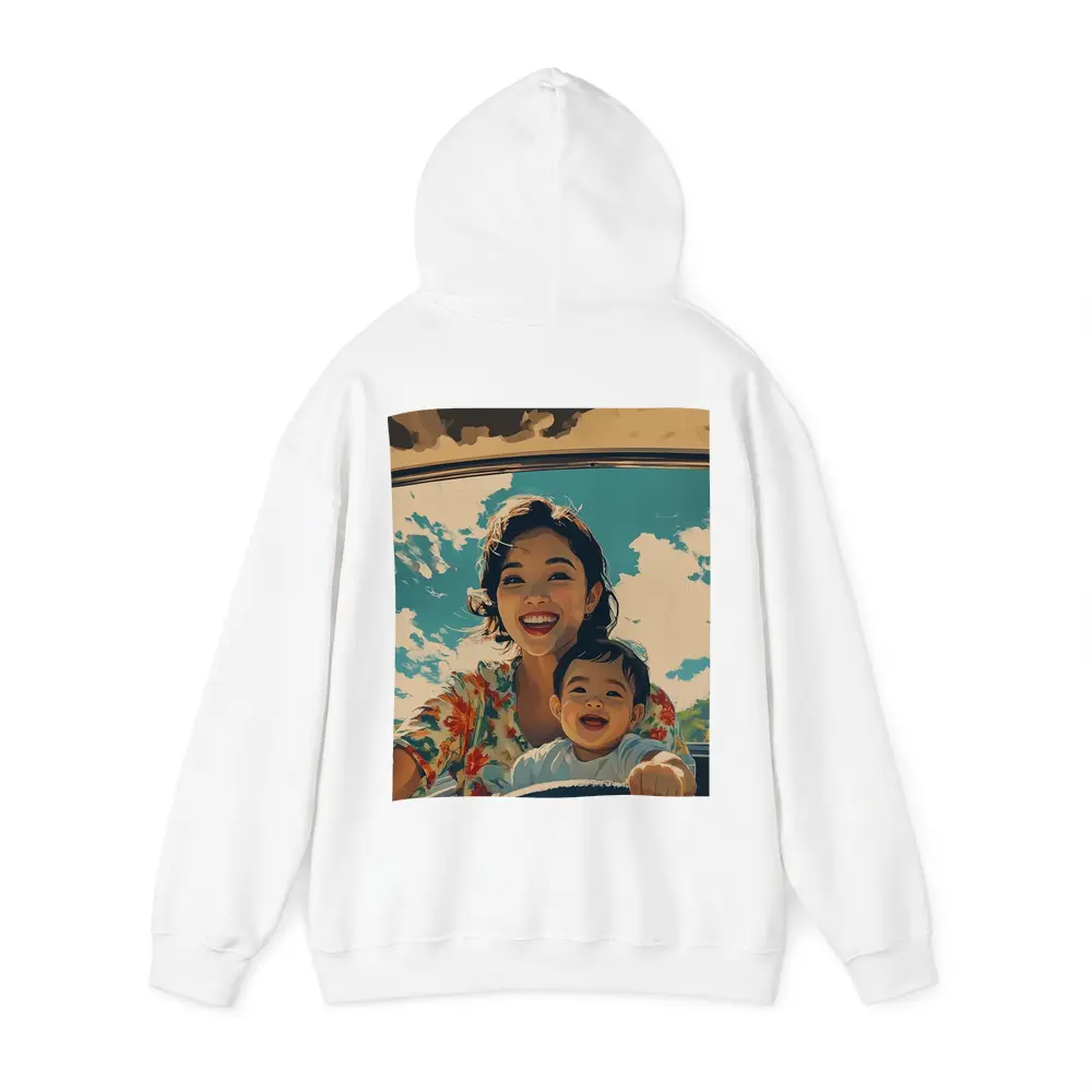Mother and Child Laughing Vintage Car Illustration – Hoodies
