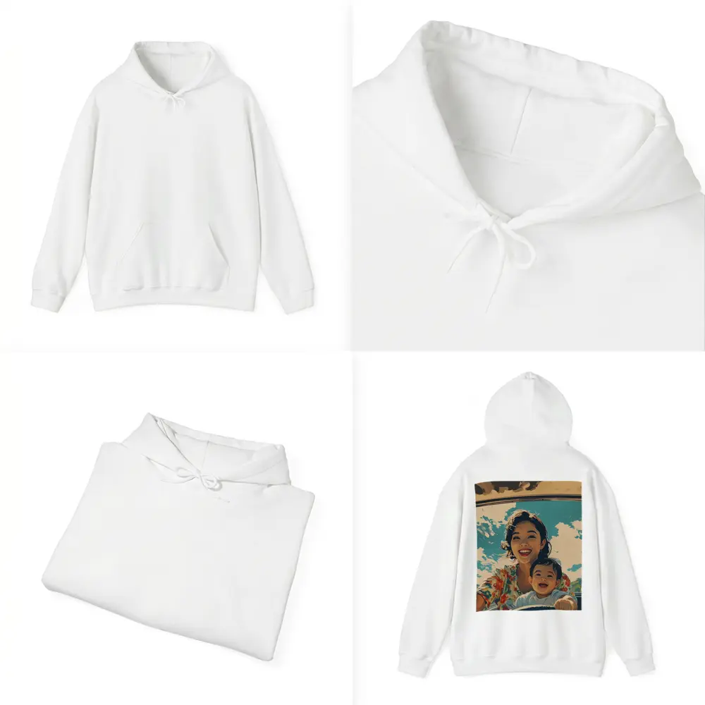 Mother and Child Laughing Vintage Car Illustration – Hoodies