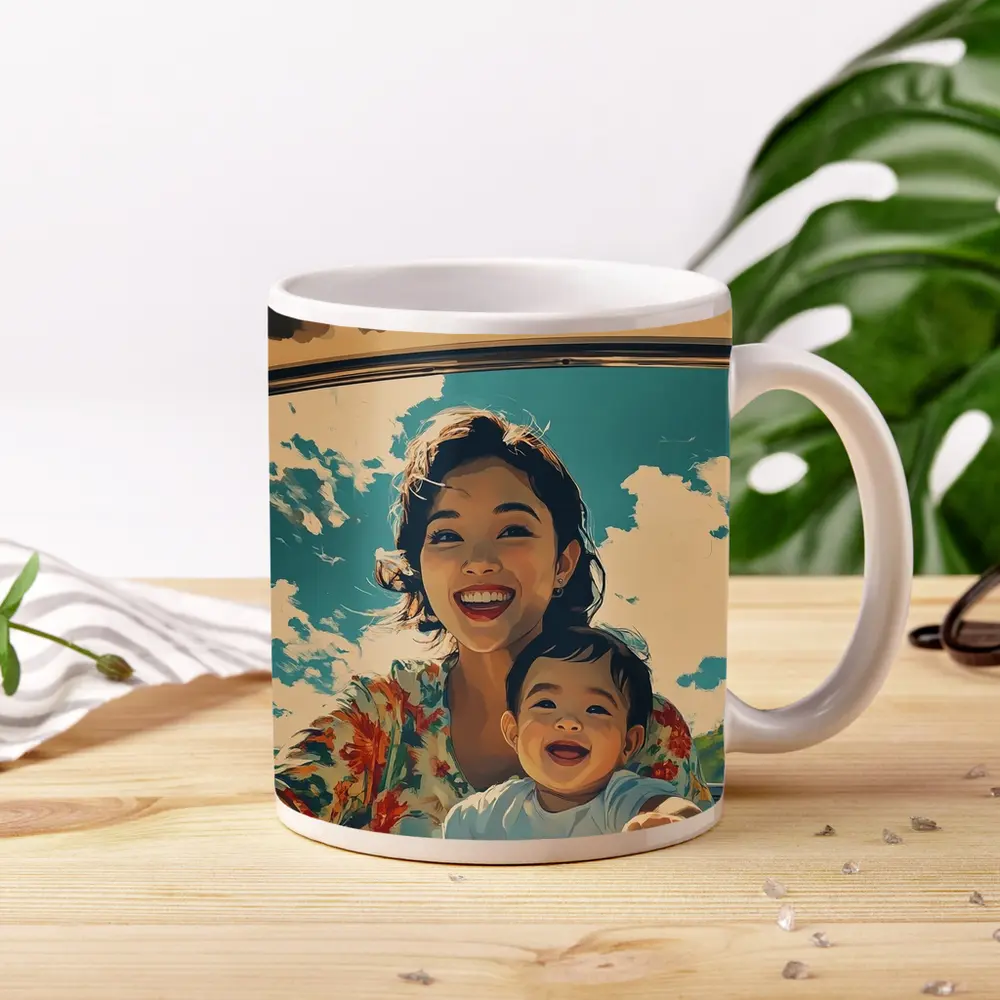 Mother and Child Laughing Vintage Car Illustration – Mugs