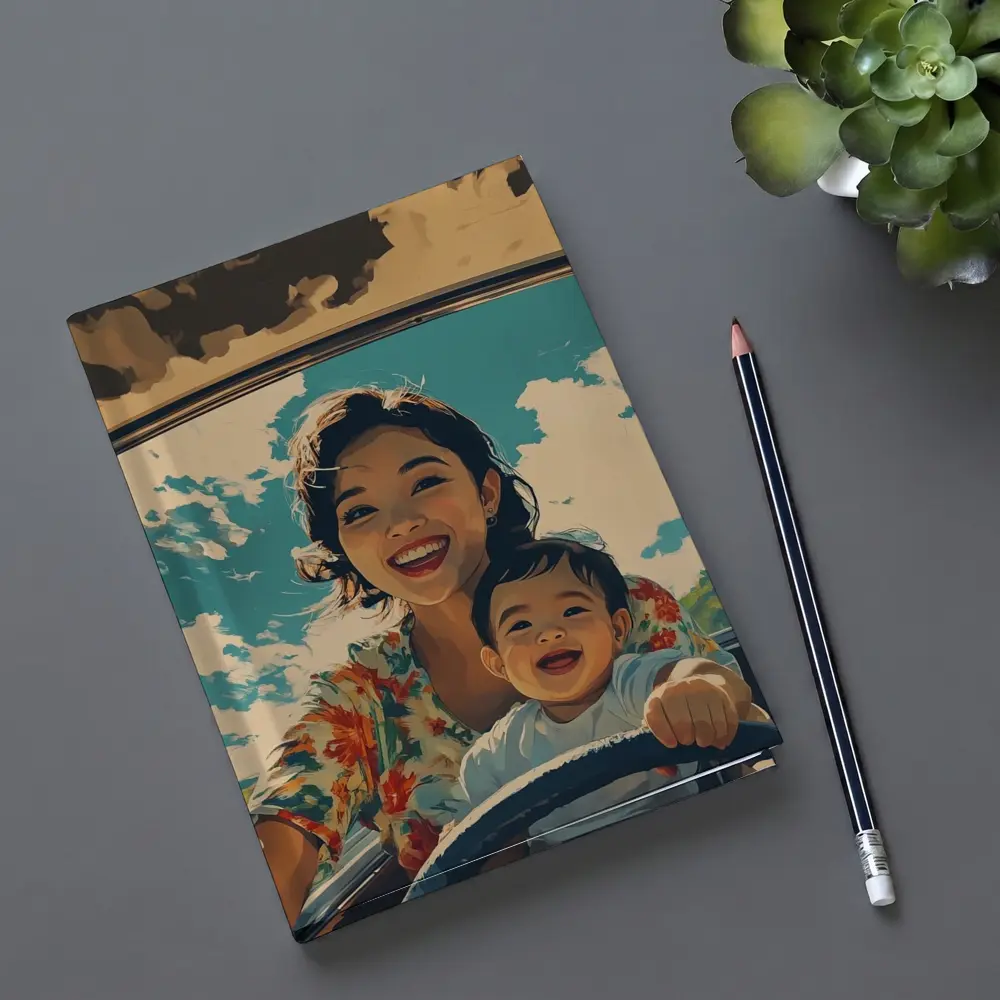 Mother and Child Laughing Vintage Car Illustration – Notebooks