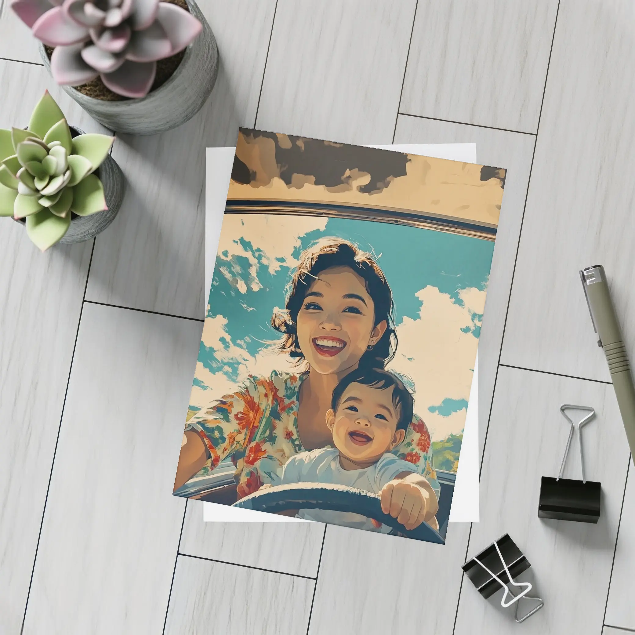 Mother and Child Laughing Vintage Car Illustration – Postcards