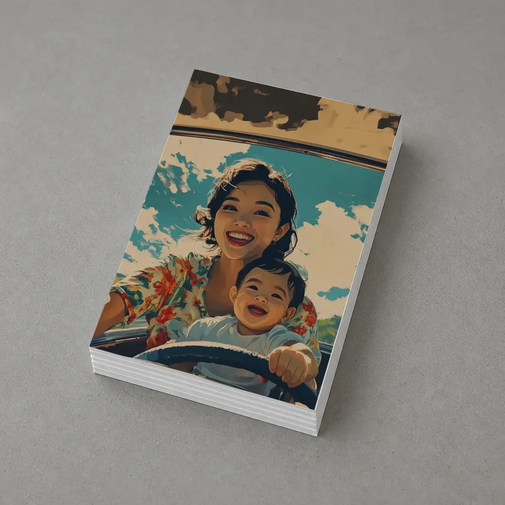 Mother and Child Laughing Vintage Car Illustration – Postcards