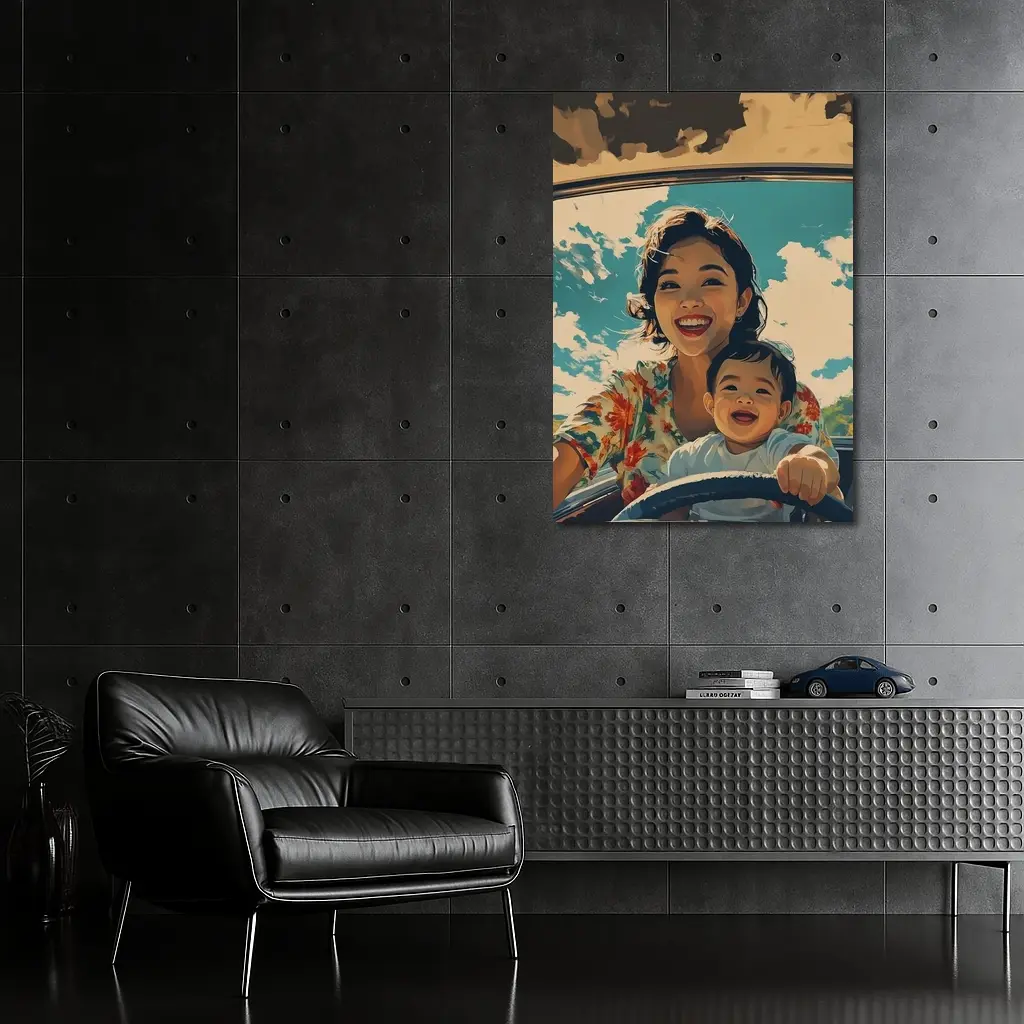 Mother and Child Laughing Vintage Car Illustration – Wall Art