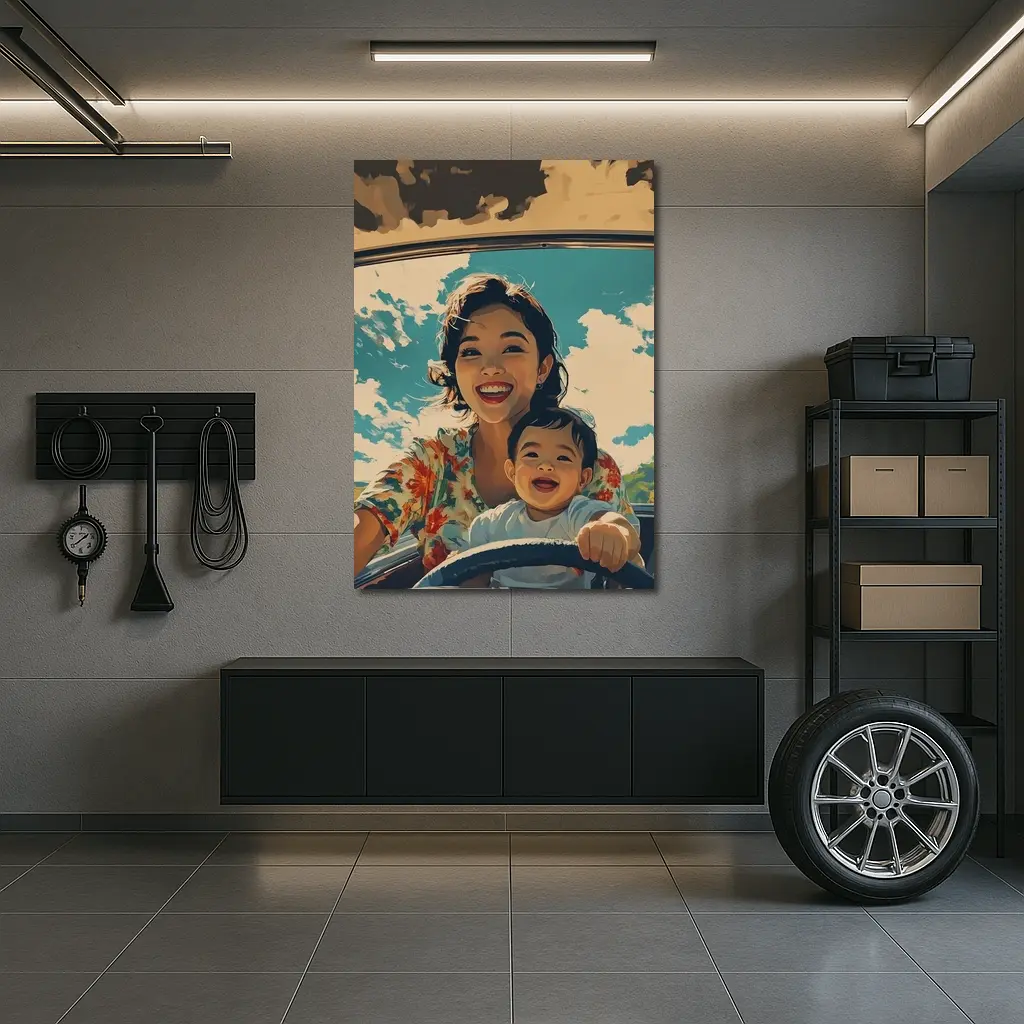 Mother and Child Laughing Vintage Car Illustration – Wall Art