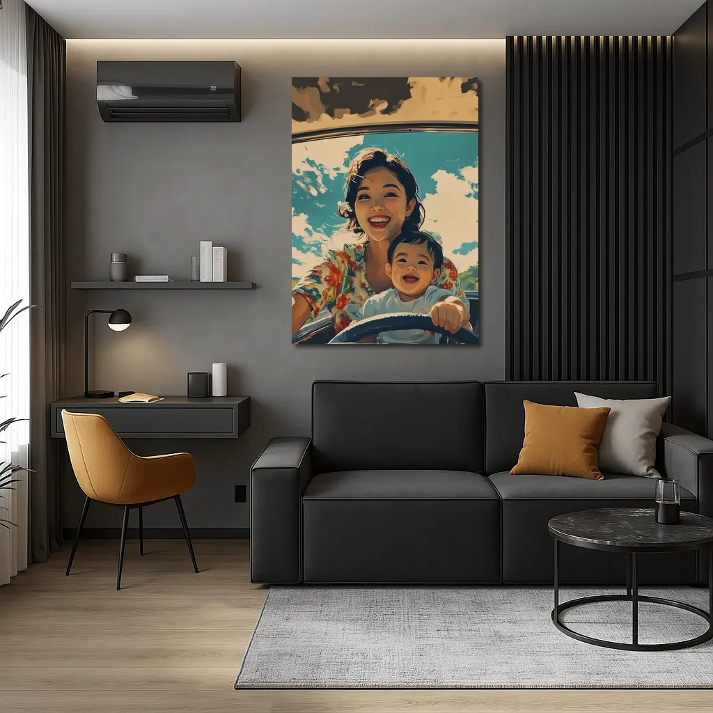 Mother and Child Laughing Vintage Car Illustration – Wall Art