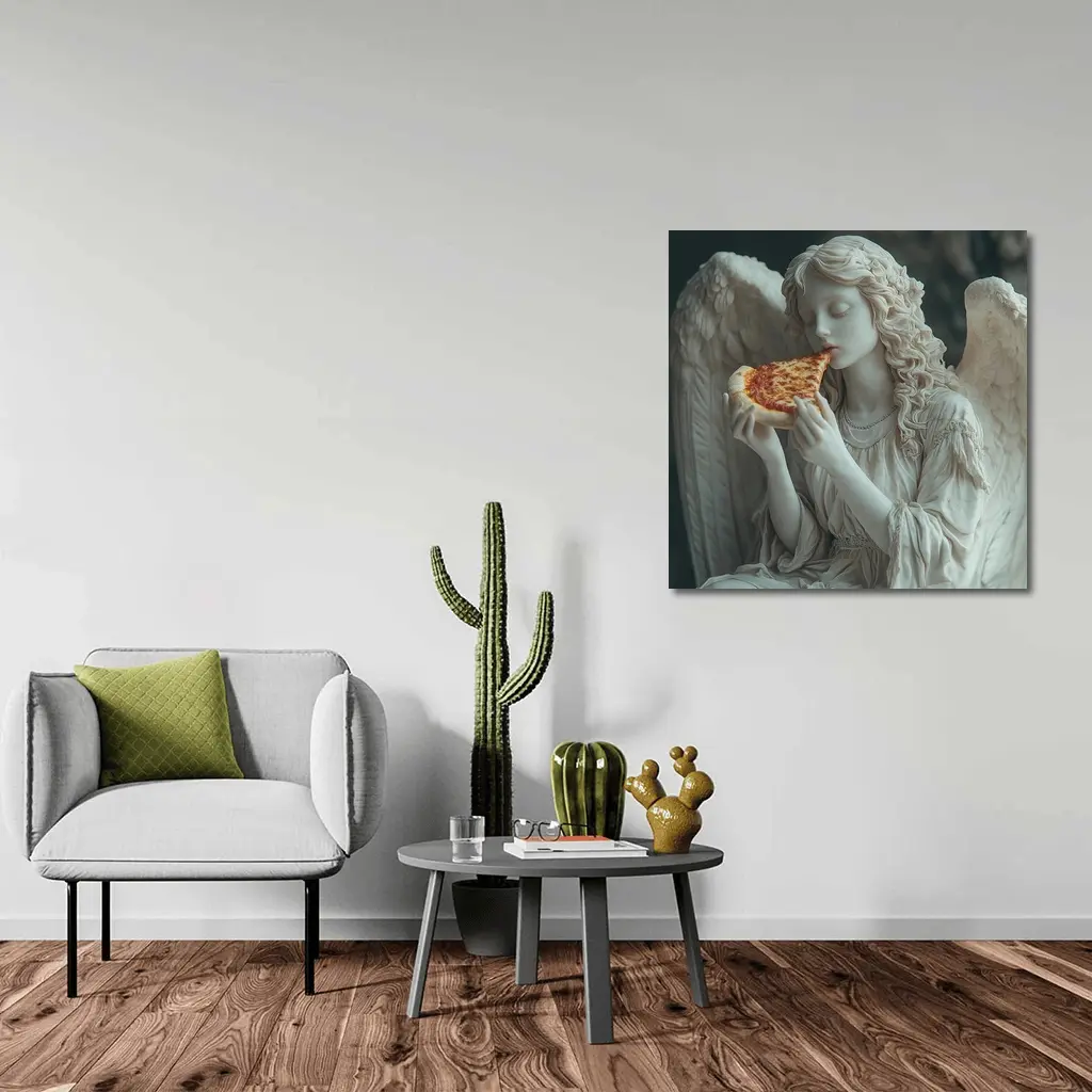 Angel Statue Eating Pizza Slice Art – Wall Art