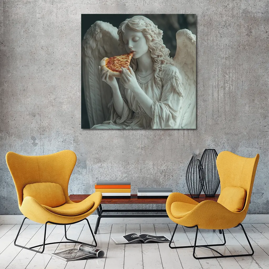 Angel Statue Eating Pizza Slice Art – Wall Art