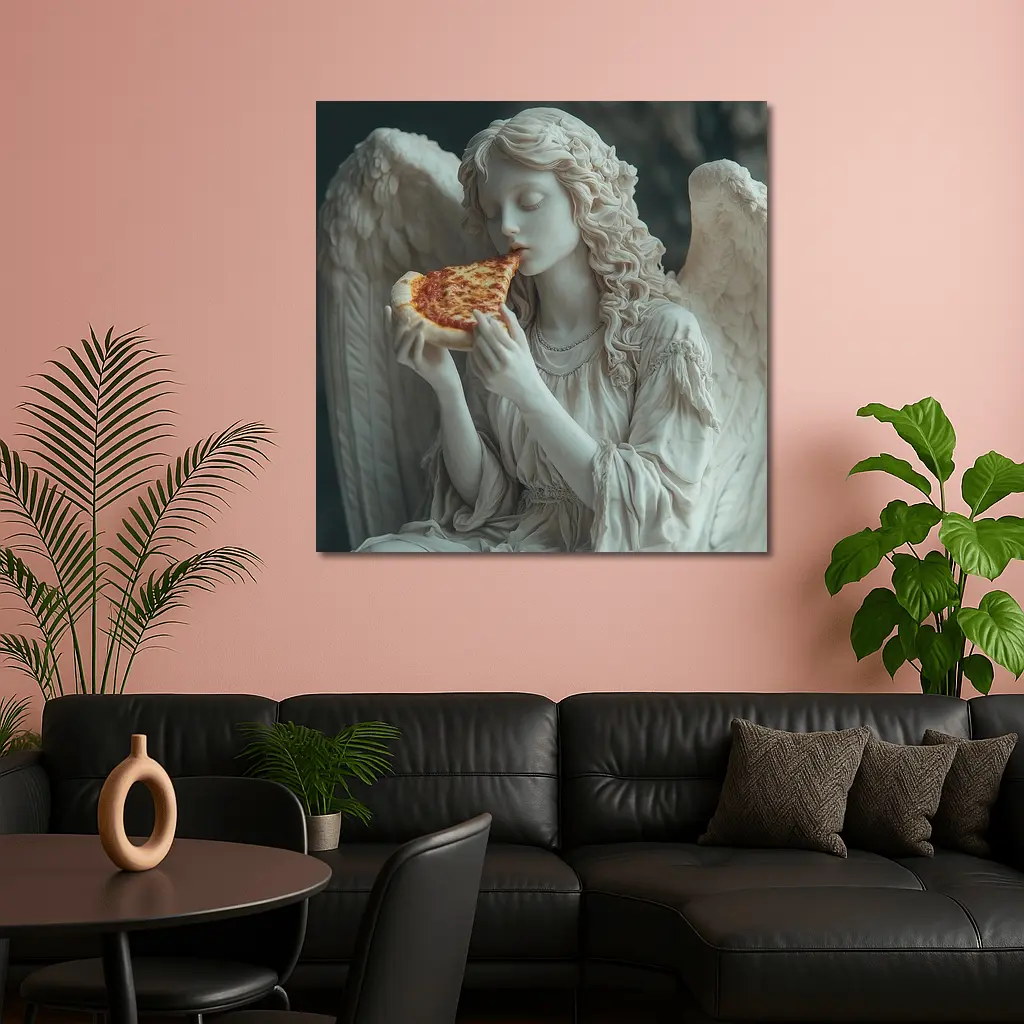 Angel Statue Eating Pizza Slice Art – Wall Art