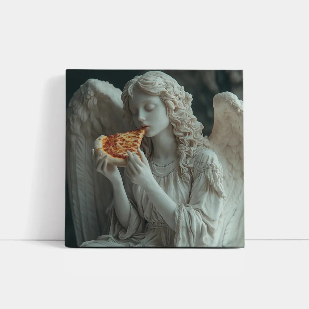 Angel Statue Eating Pizza Slice Art – Wall Art