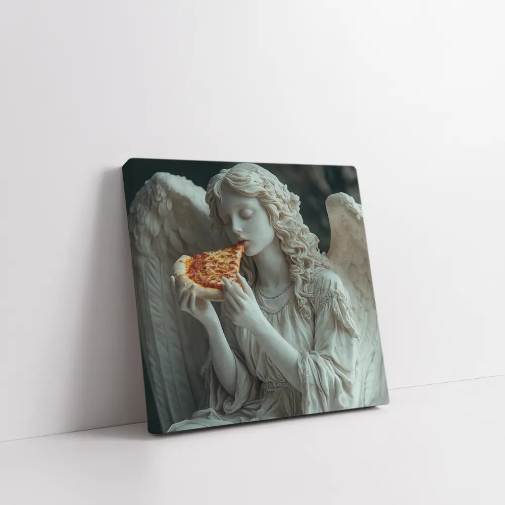 Angel Statue Eating Pizza Slice Art – Wall Art