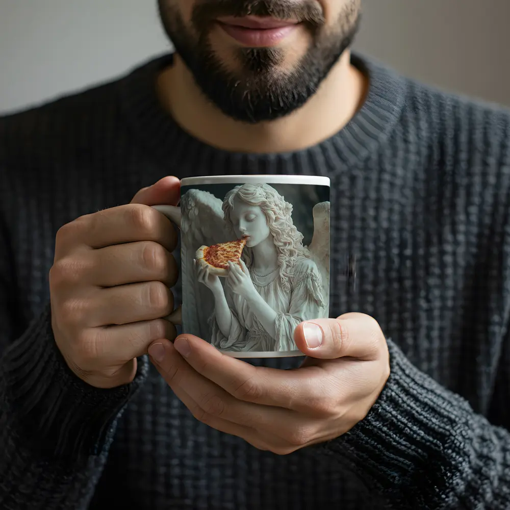 Angel Statue Eating Pizza Slice Art – Mugs