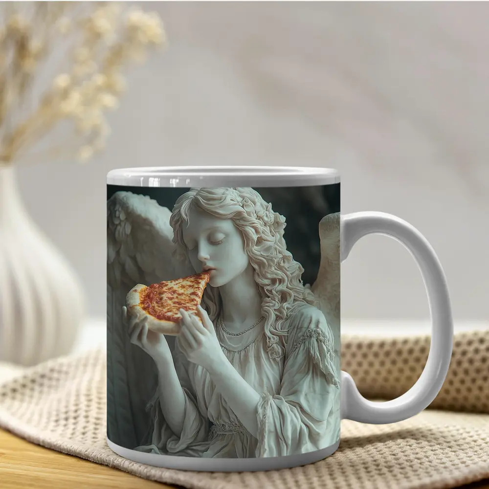 Angel Statue Eating Pizza Slice Art – Mugs