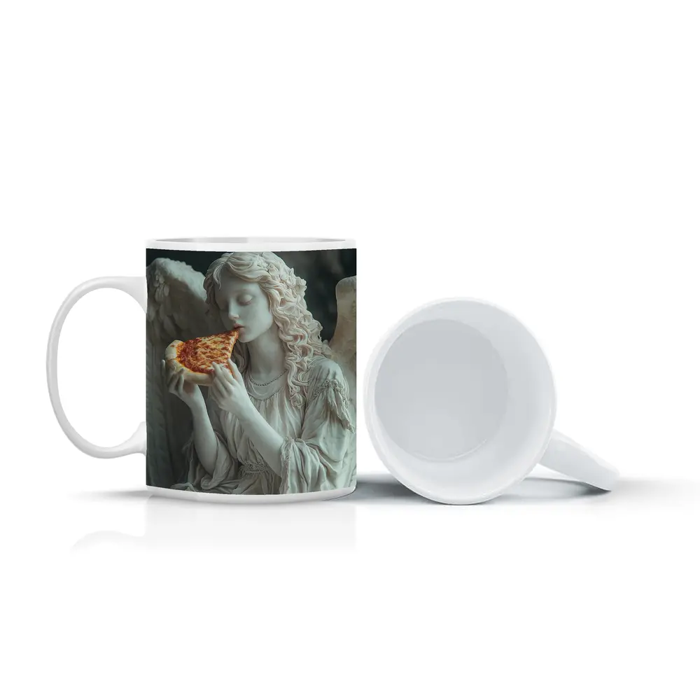 Angel Statue Eating Pizza Slice Art – Mugs
