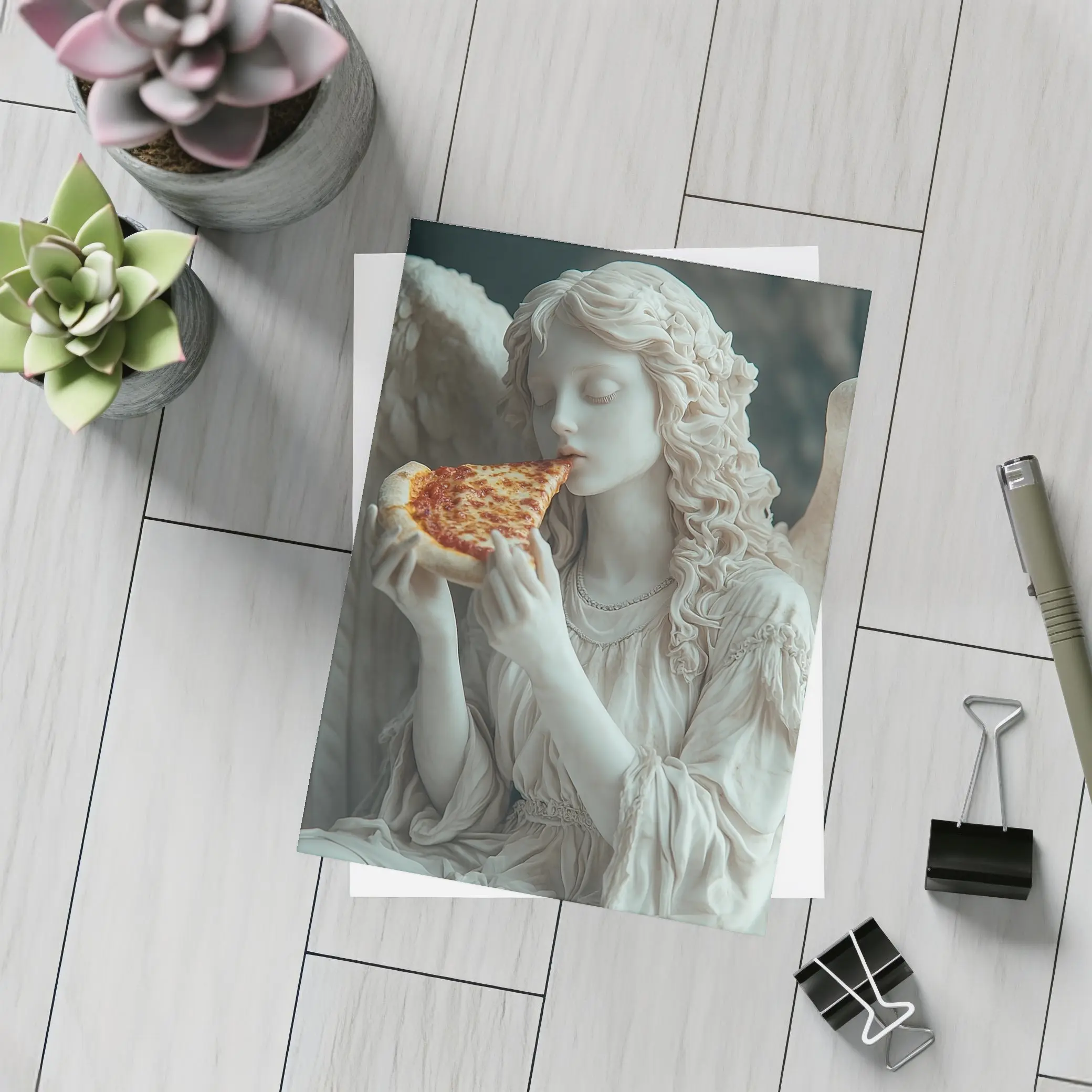 Angel Statue Eating Pizza Slice Art – Postcards