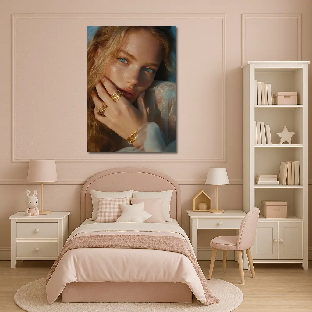 Young Woman Gold Jewelry Blue Background Portrait – Wall Art