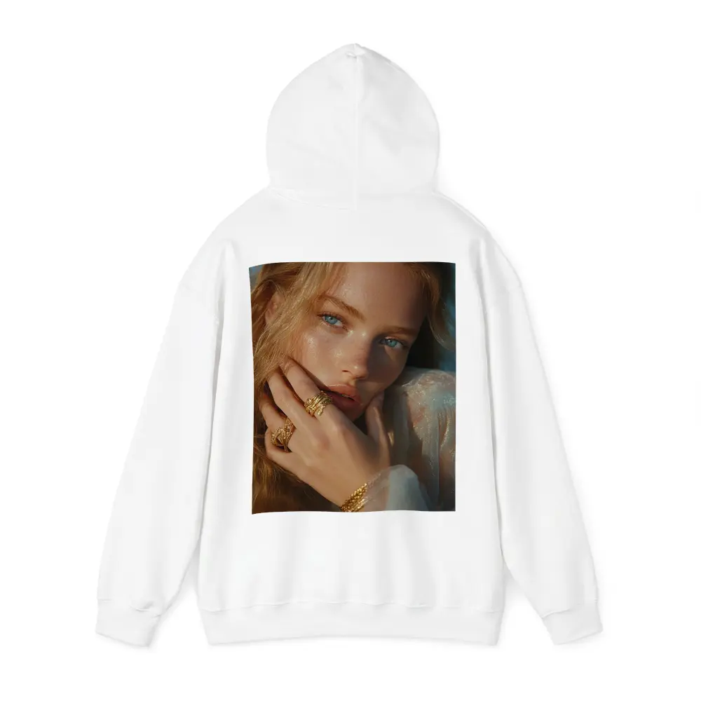 Young Woman Gold Jewelry Blue Background Portrait – Hoodies