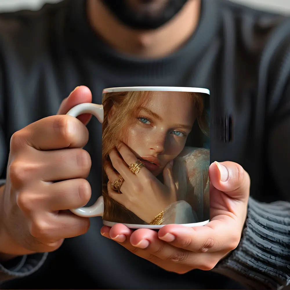 Young Woman Gold Jewelry Blue Background Portrait – Mugs